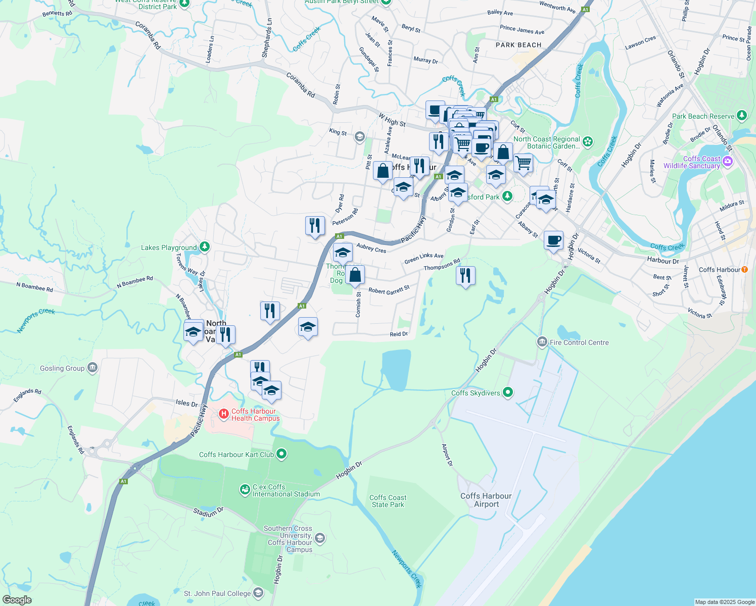 map of restaurants, bars, coffee shops, grocery stores, and more near 7A Louden Close in Coffs Harbour