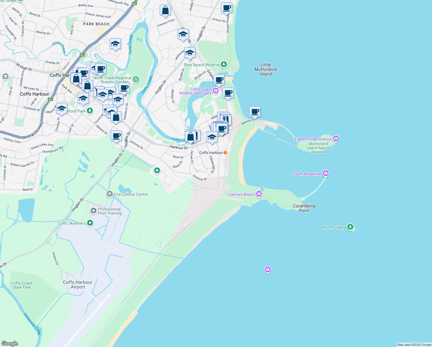 map of restaurants, bars, coffee shops, grocery stores, and more near 146 Edinburgh Street in Coffs Harbour