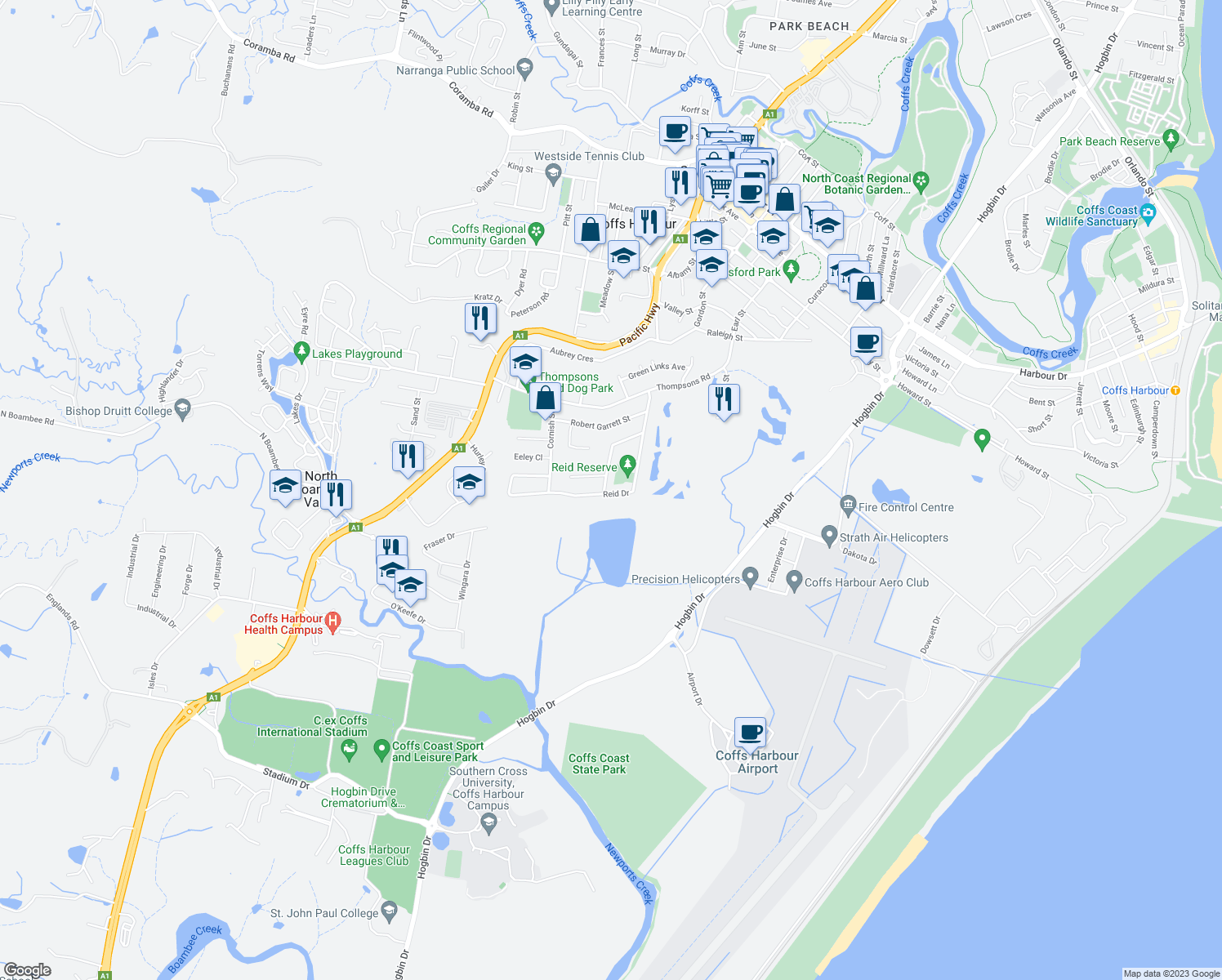 map of restaurants, bars, coffee shops, grocery stores, and more near 40 Reid Drive in Coffs Harbour