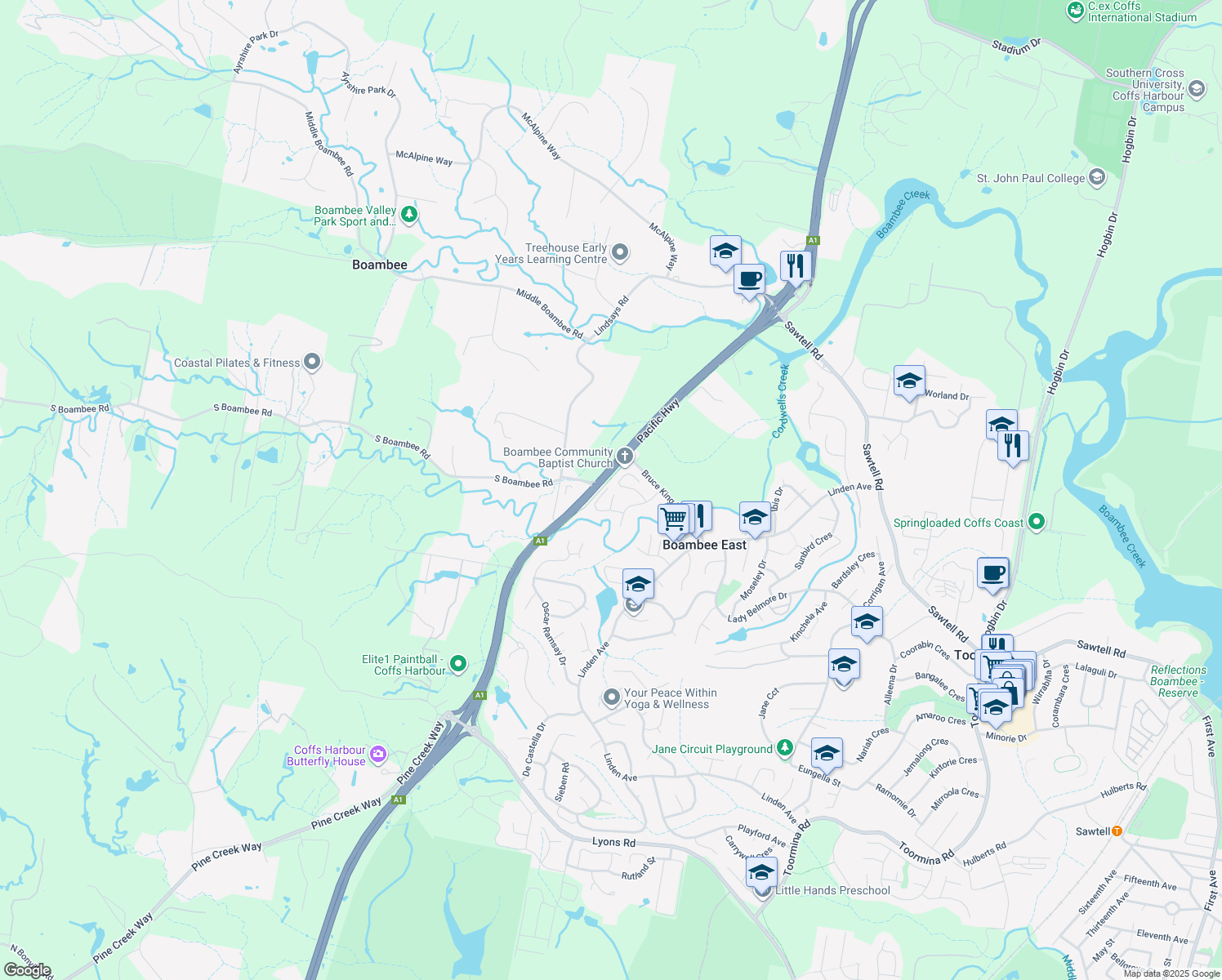 map of restaurants, bars, coffee shops, grocery stores, and more near 15 Noreena Place in Boambee East