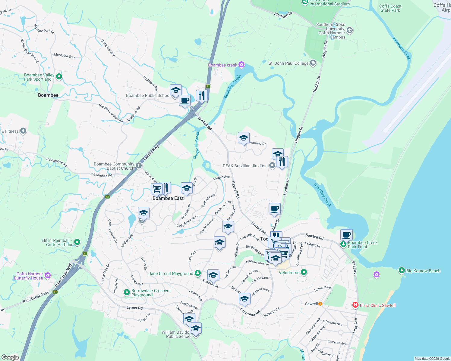map of restaurants, bars, coffee shops, grocery stores, and more near 259 Linden Avenue in Toormina