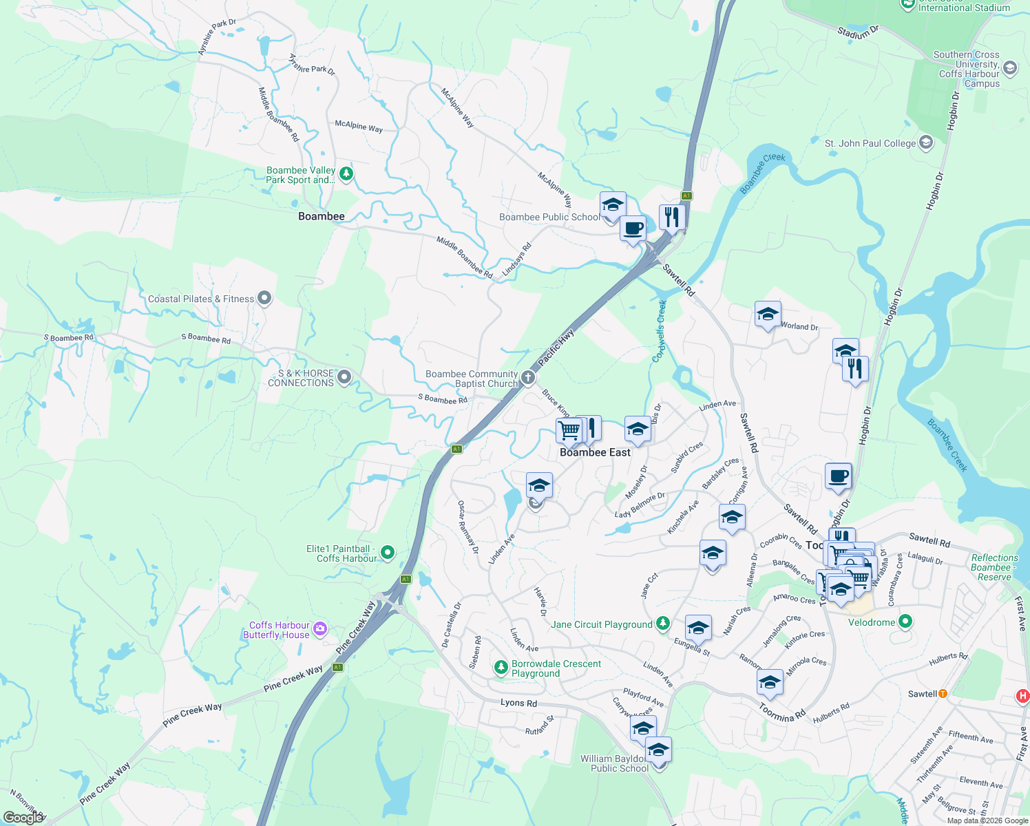 map of restaurants, bars, coffee shops, grocery stores, and more near 9 Noreena Place in Boambee East