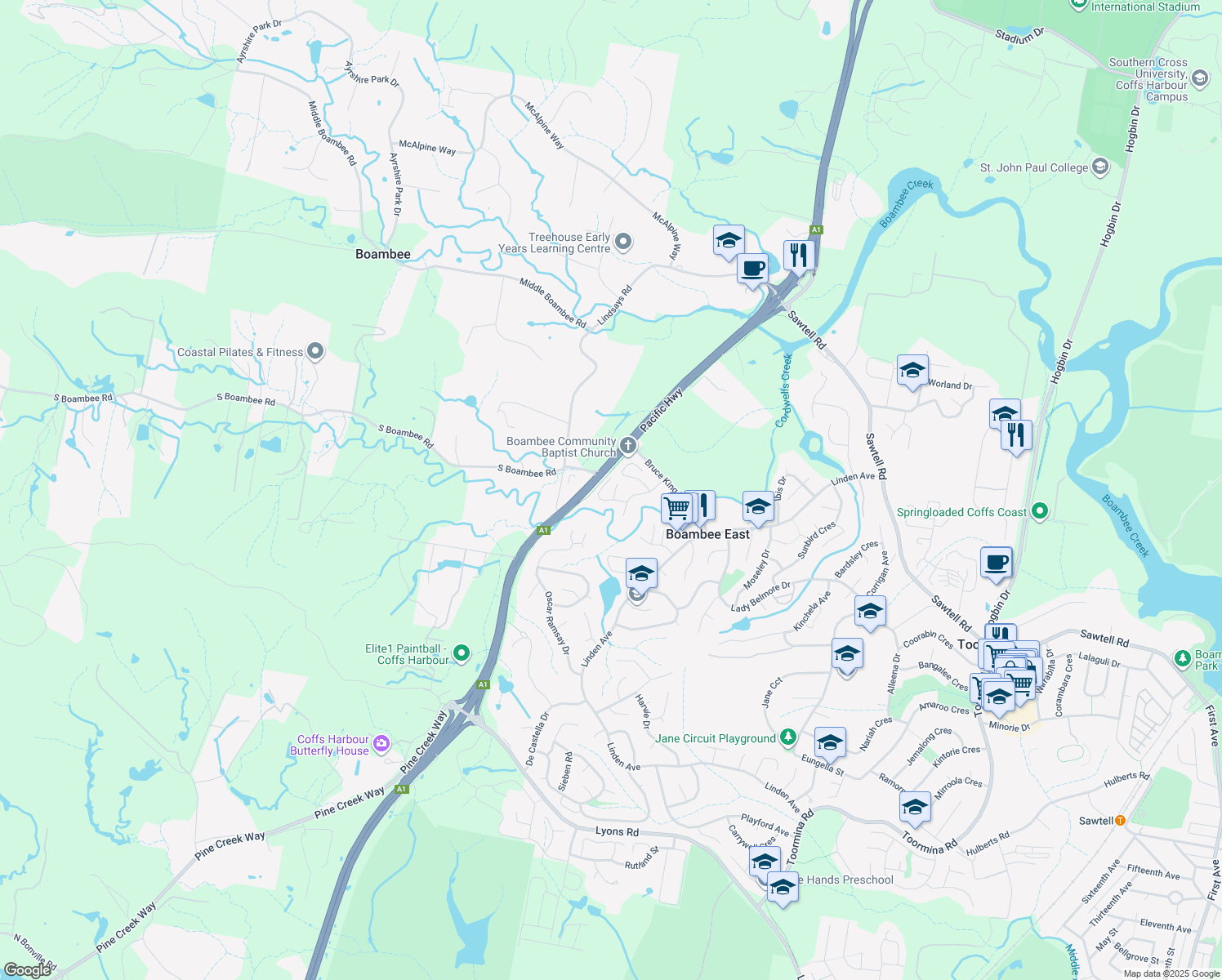 map of restaurants, bars, coffee shops, grocery stores, and more near 7 Noreena Place in Boambee East