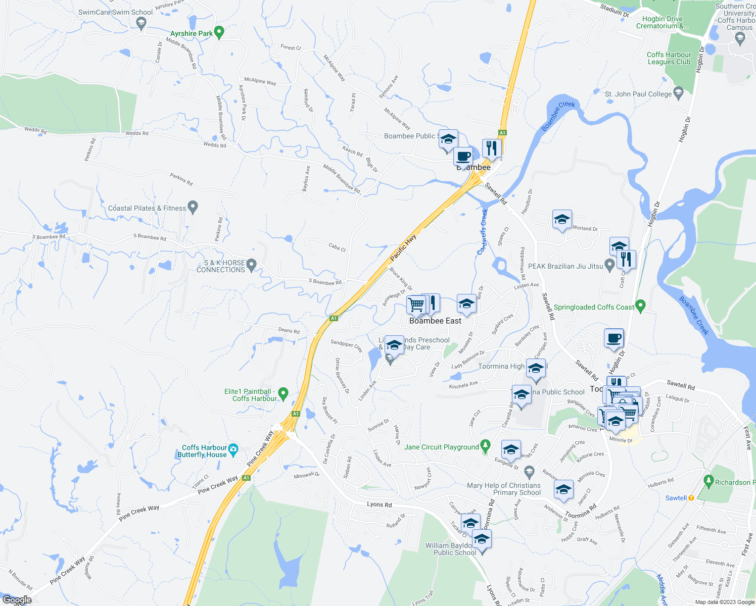 map of restaurants, bars, coffee shops, grocery stores, and more near 3 Meadow View Close in Boambee East
