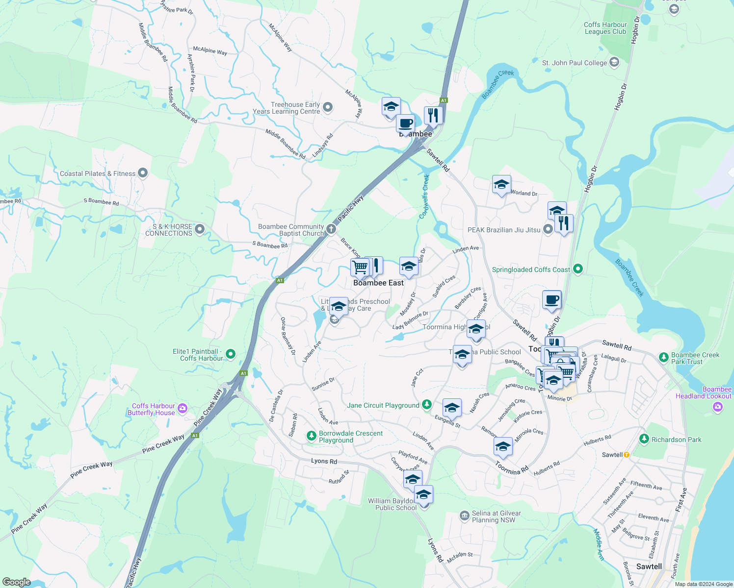 map of restaurants, bars, coffee shops, grocery stores, and more near 1 Silvereye Close in Boambee East