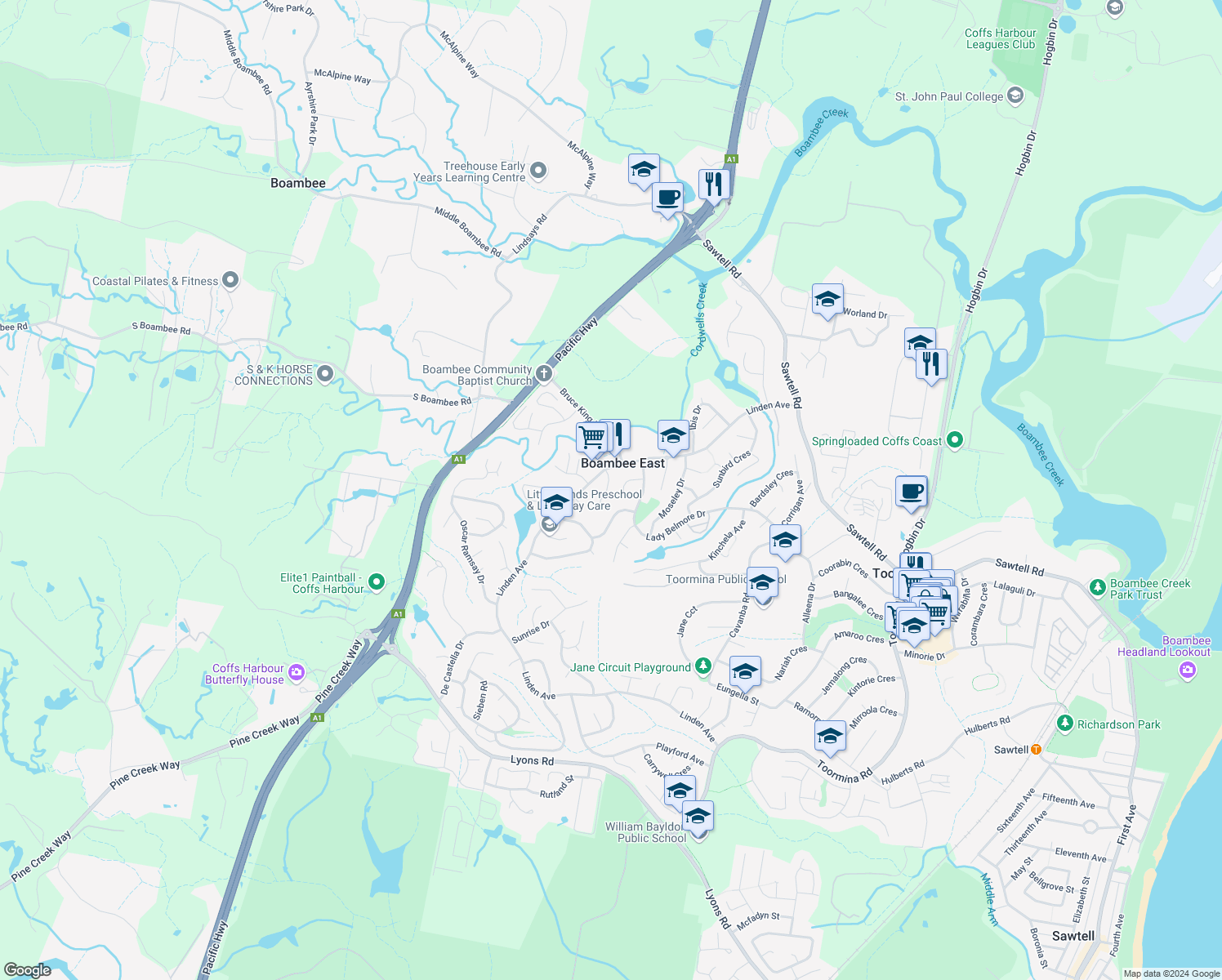 map of restaurants, bars, coffee shops, grocery stores, and more near 10 Silvereye Close in Boambee East