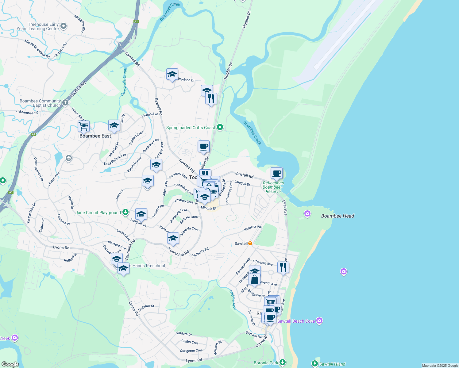 map of restaurants, bars, coffee shops, grocery stores, and more near 31 Lalaguli Drive in Toormina