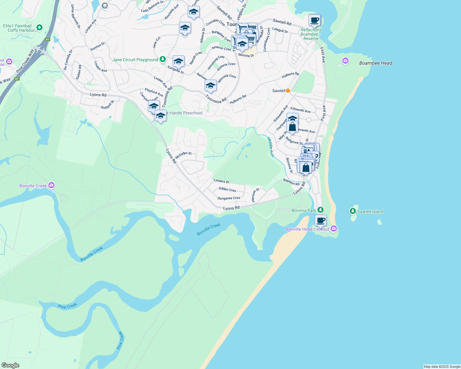 map of restaurants, bars, coffee shops, grocery stores, and more near 44 Tindara Drive in Sawtell