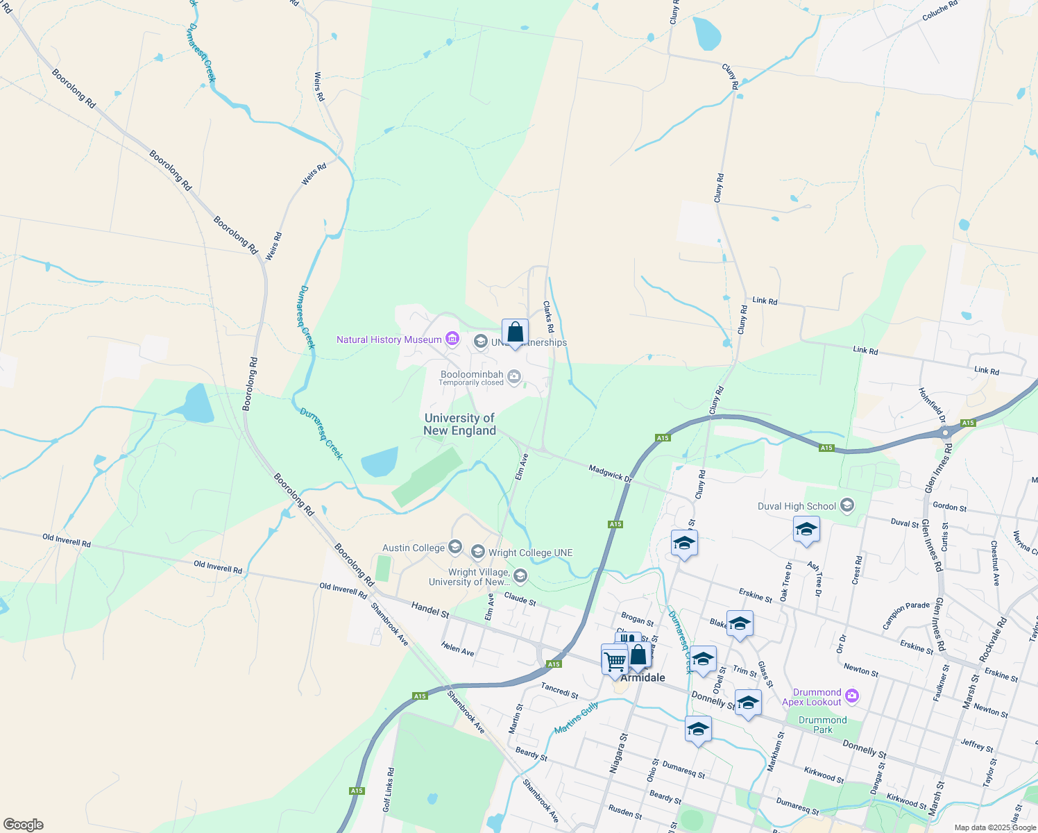 map of restaurants, bars, coffee shops, grocery stores, and more near 74 Trevenna Road in Armidale