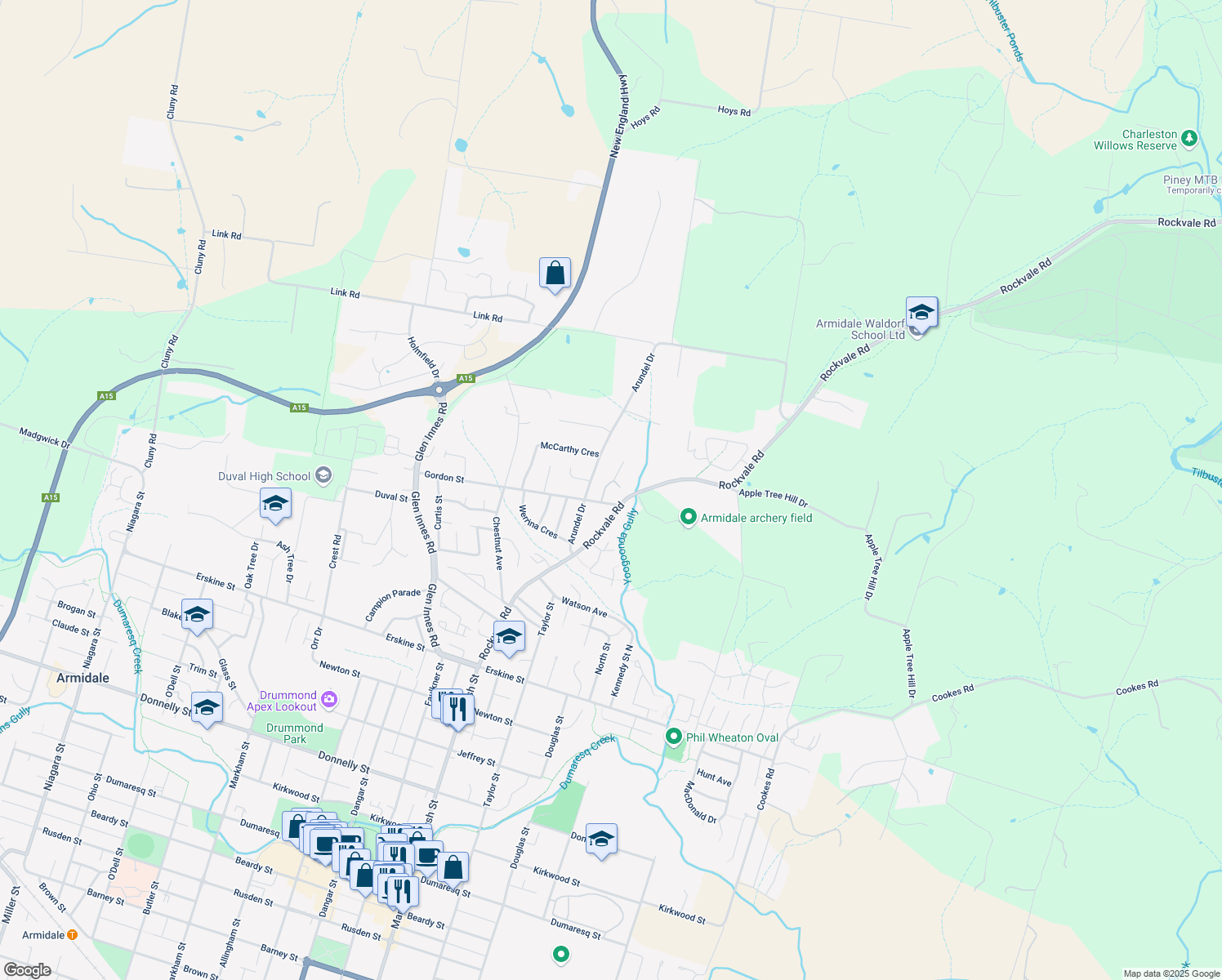 map of restaurants, bars, coffee shops, grocery stores, and more near 5 Schaefer Drive in Armidale