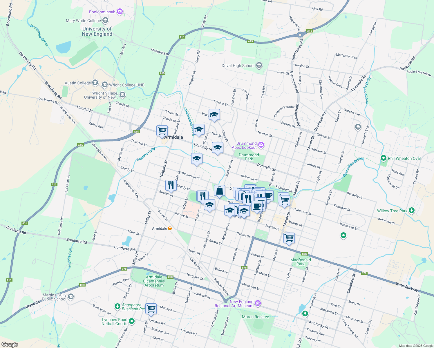 map of restaurants, bars, coffee shops, grocery stores, and more near 191-203 Dumaresq Street in Armidale