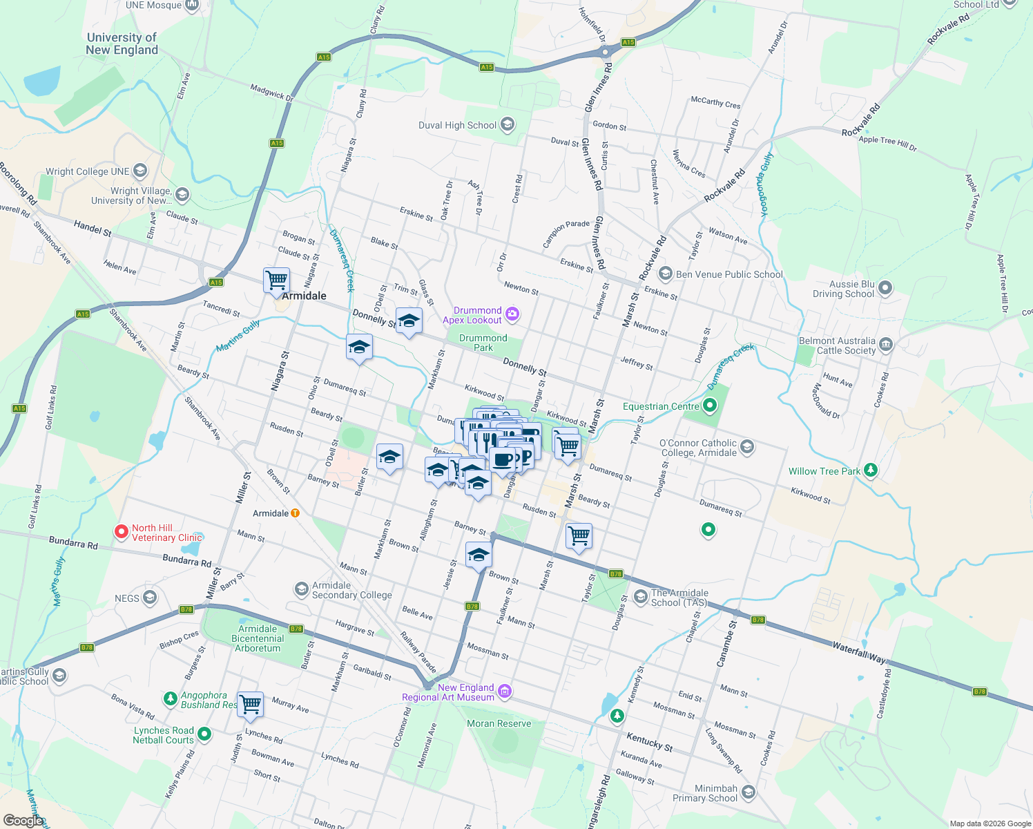 map of restaurants, bars, coffee shops, grocery stores, and more near 144-150 Kirkwood Street in Armidale