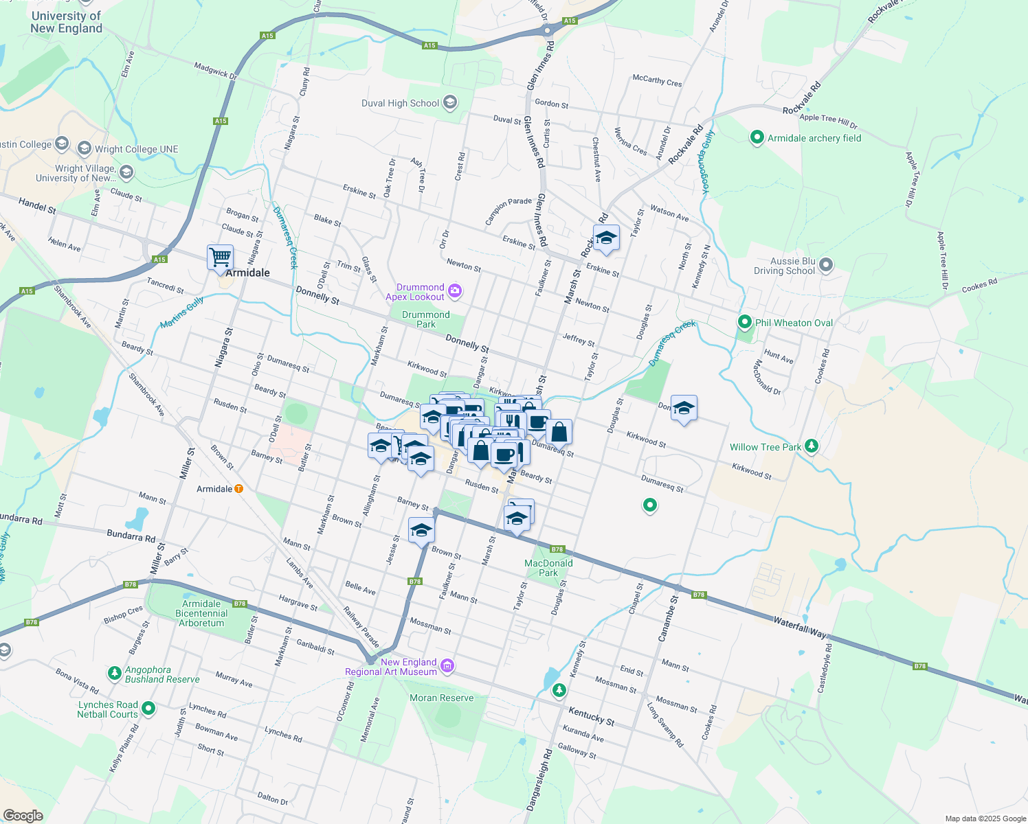 map of restaurants, bars, coffee shops, grocery stores, and more near 75 Faulkner Street in Armidale
