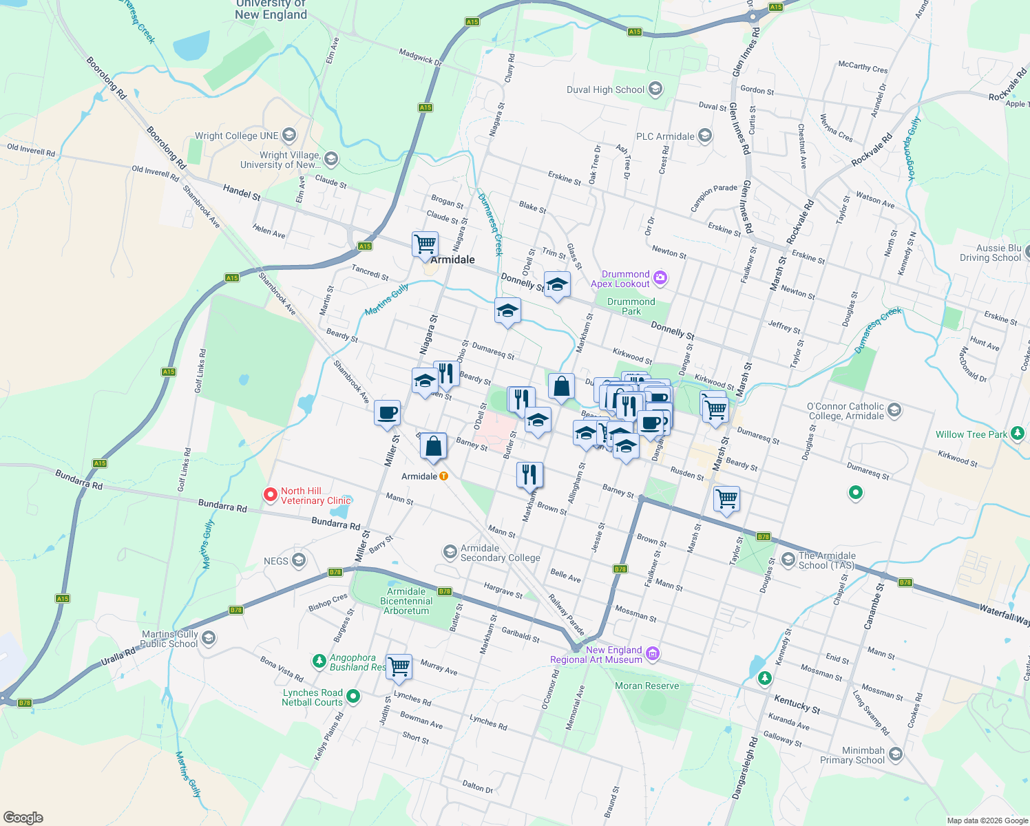 map of restaurants, bars, coffee shops, grocery stores, and more near 108 Butler Street in Armidale