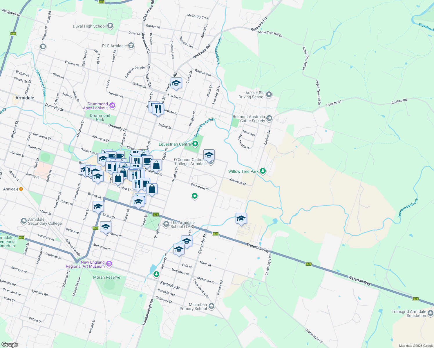 map of restaurants, bars, coffee shops, grocery stores, and more near 35 Kirkwood Street in Armidale