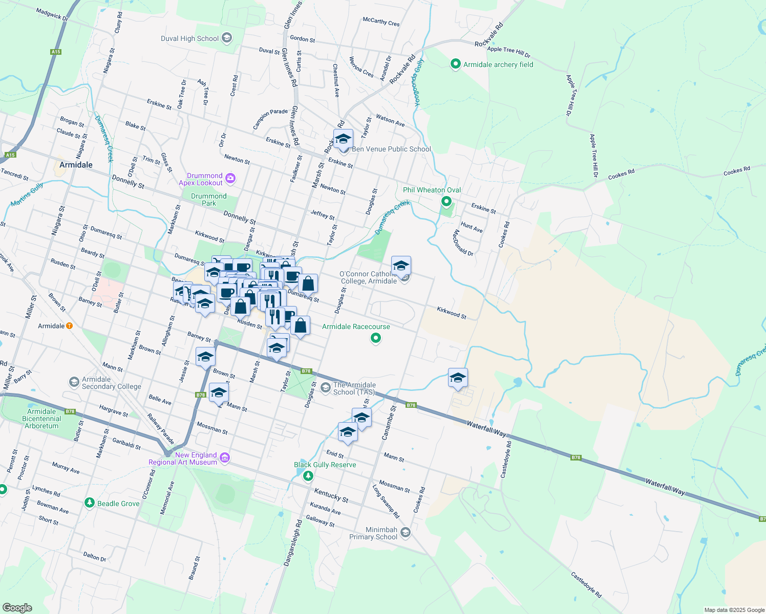 map of restaurants, bars, coffee shops, grocery stores, and more near LOT 1 Dumaresq Street in Armidale