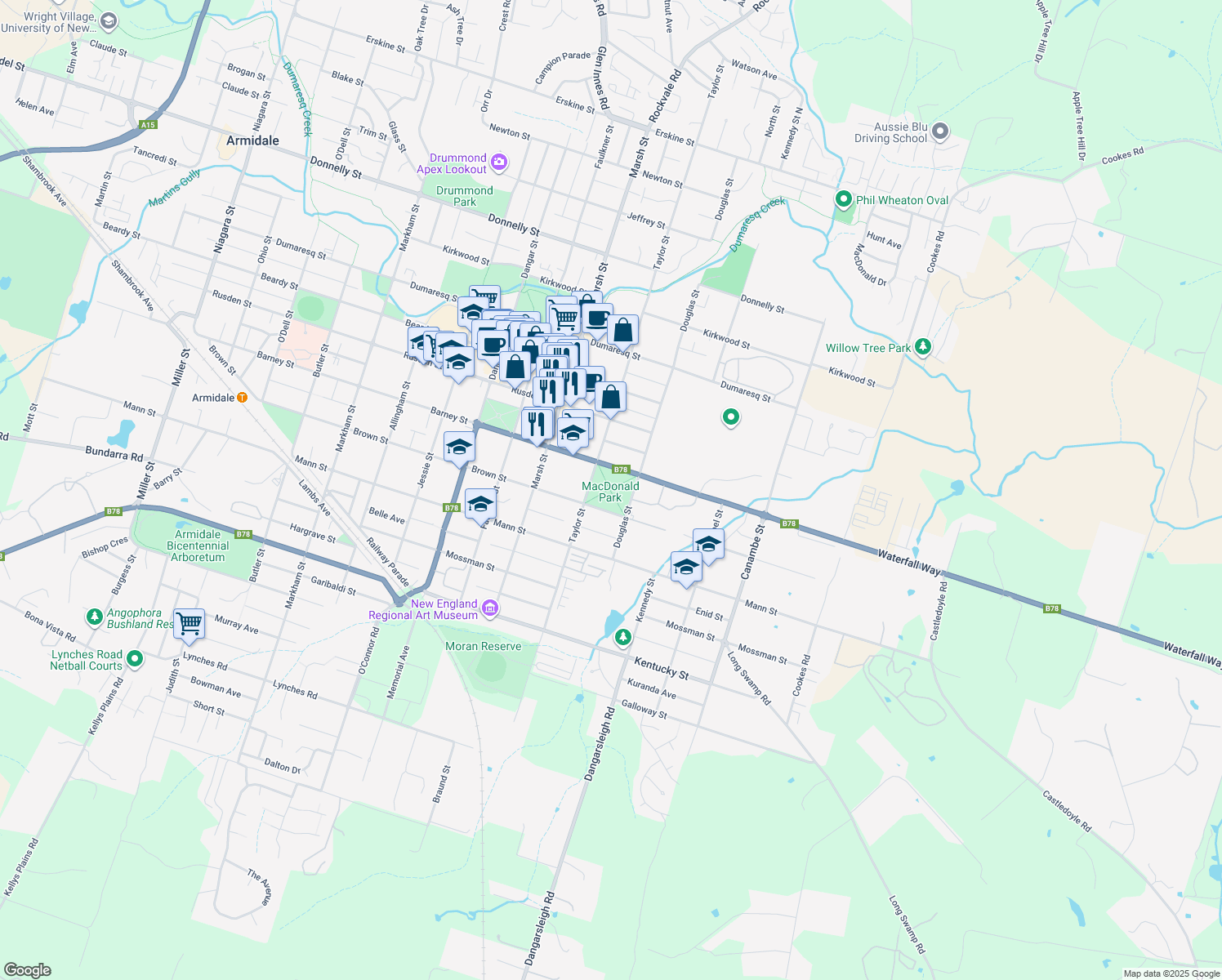 map of restaurants, bars, coffee shops, grocery stores, and more near 40 Barney Street in Armidale