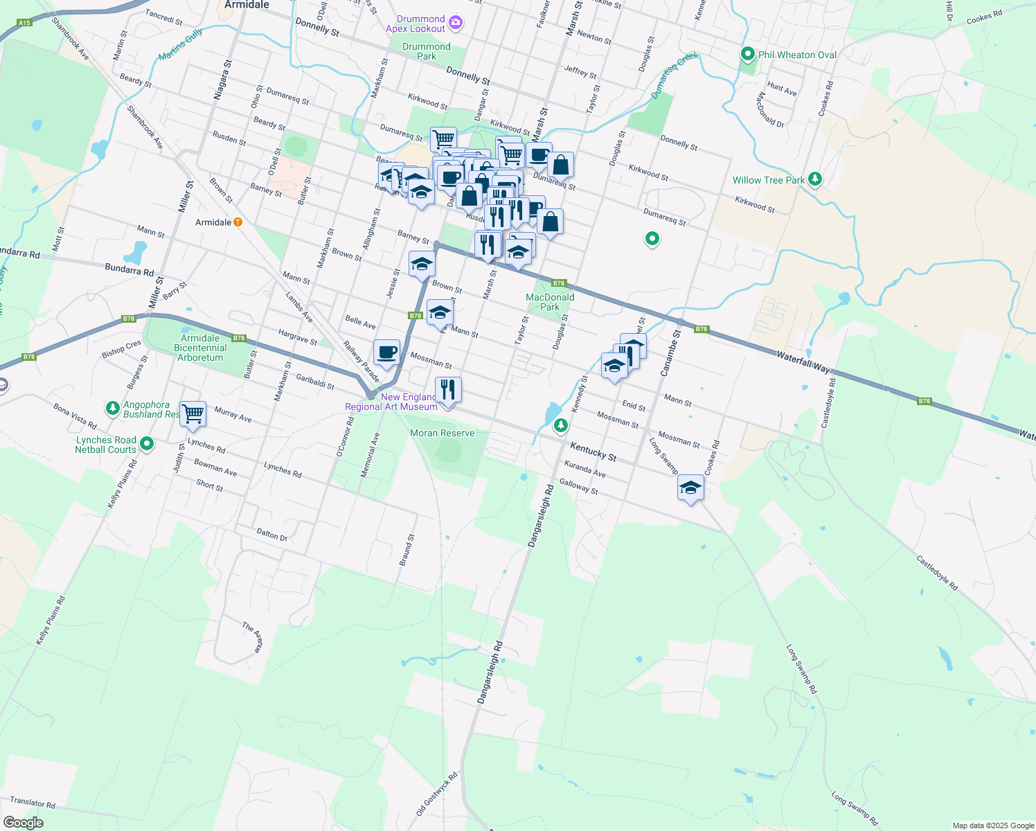 map of restaurants, bars, coffee shops, grocery stores, and more near Kentucky Street in Armidale