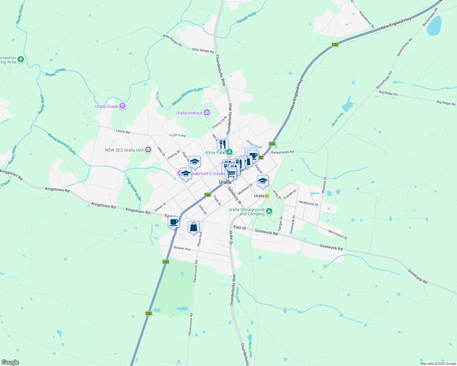 map of restaurants, bars, coffee shops, grocery stores, and more near 100 Bridge Street in Uralla