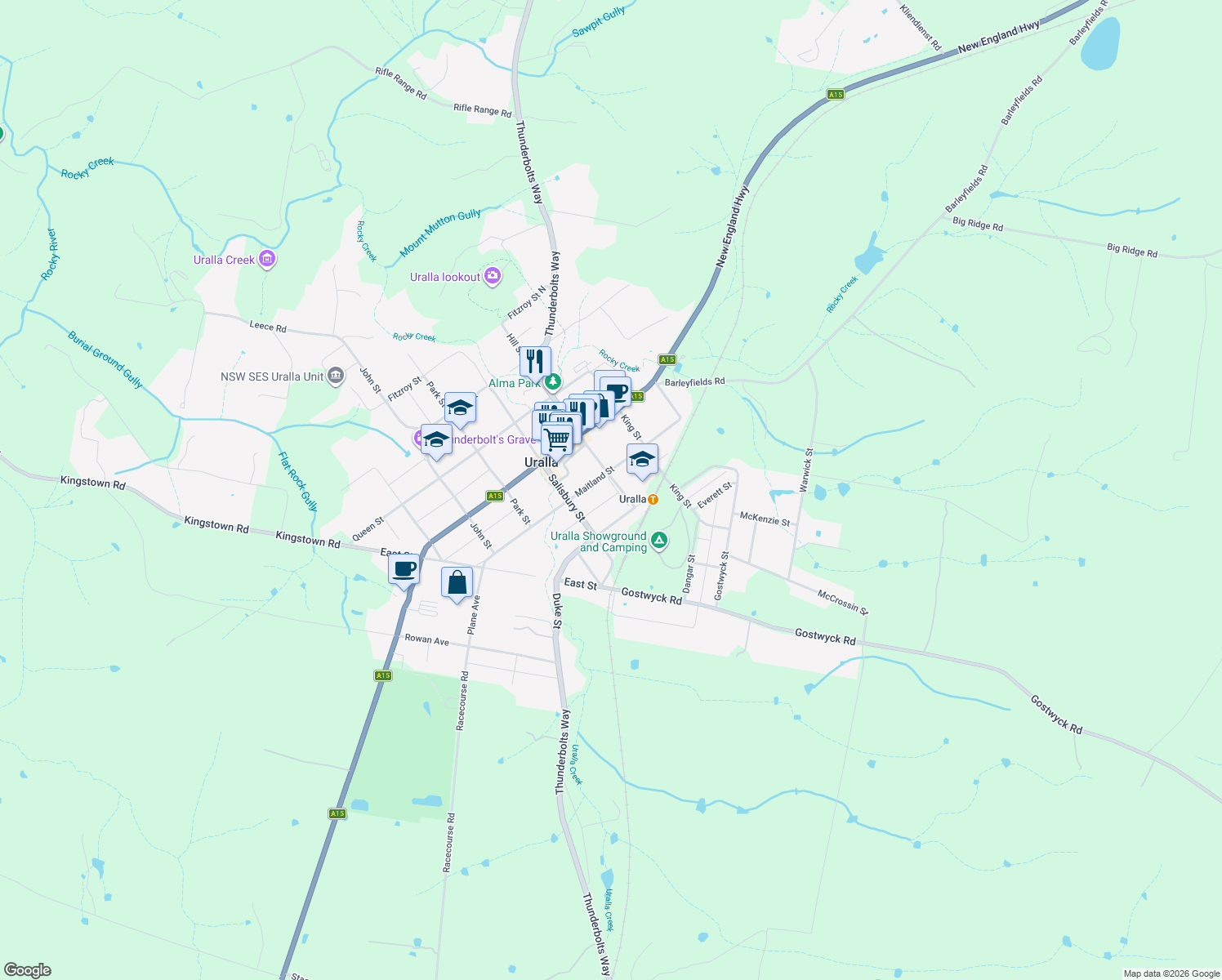 map of restaurants, bars, coffee shops, grocery stores, and more near 14 Hill Street in Uralla