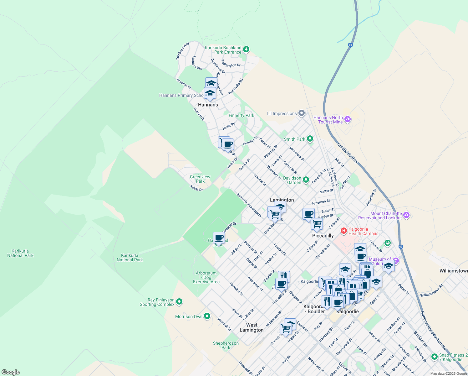map of restaurants, bars, coffee shops, grocery stores, and more near 114 Killarney Street in Hannans