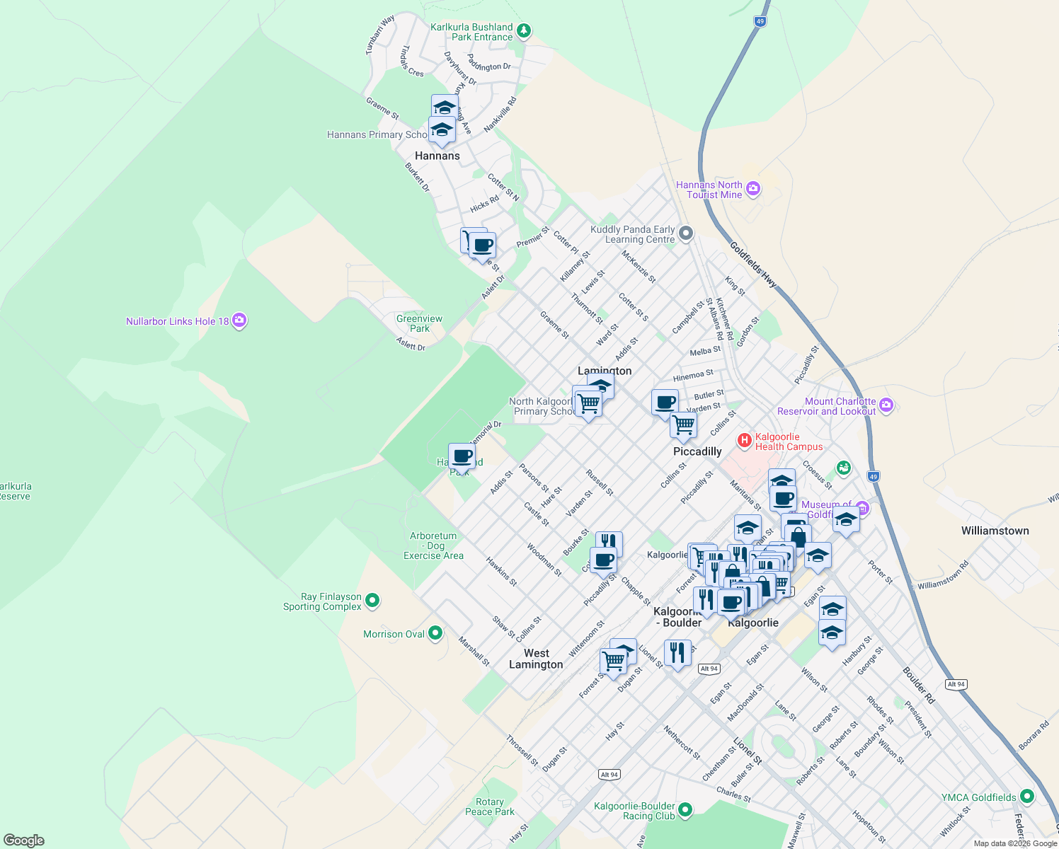 map of restaurants, bars, coffee shops, grocery stores, and more near Memorial Drive in Kalgoorlie