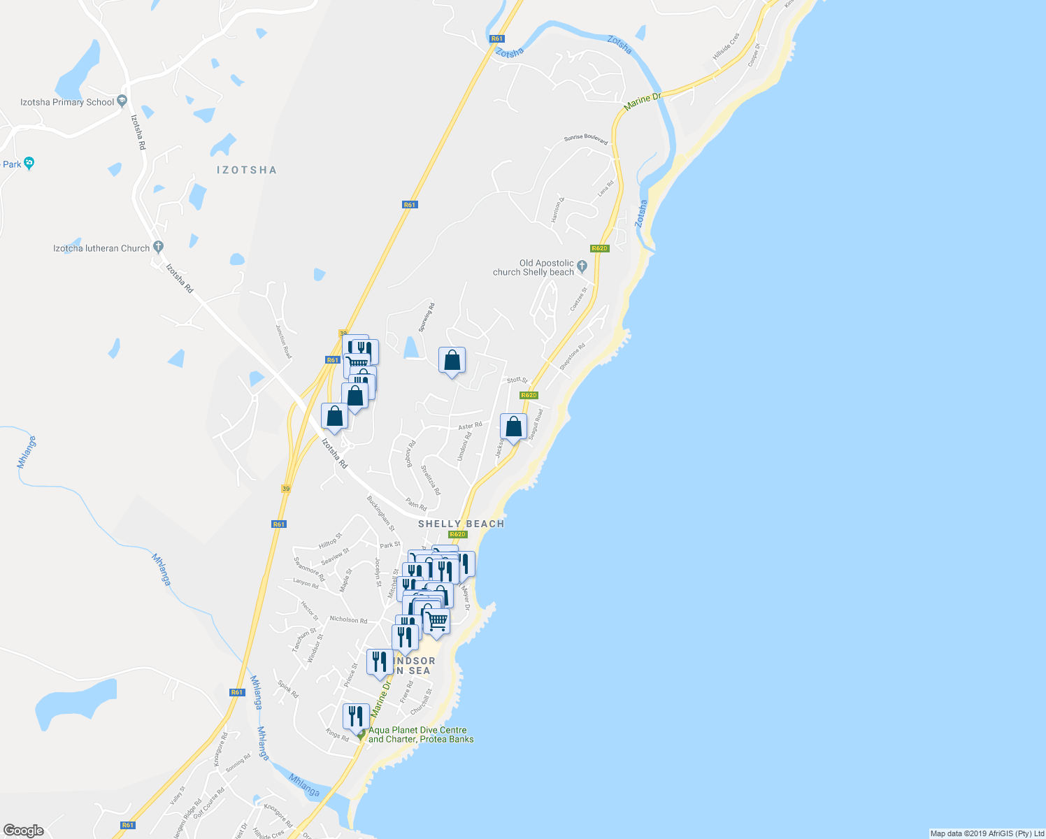 map of restaurants, bars, coffee shops, grocery stores, and more near Marine Drive in Margate