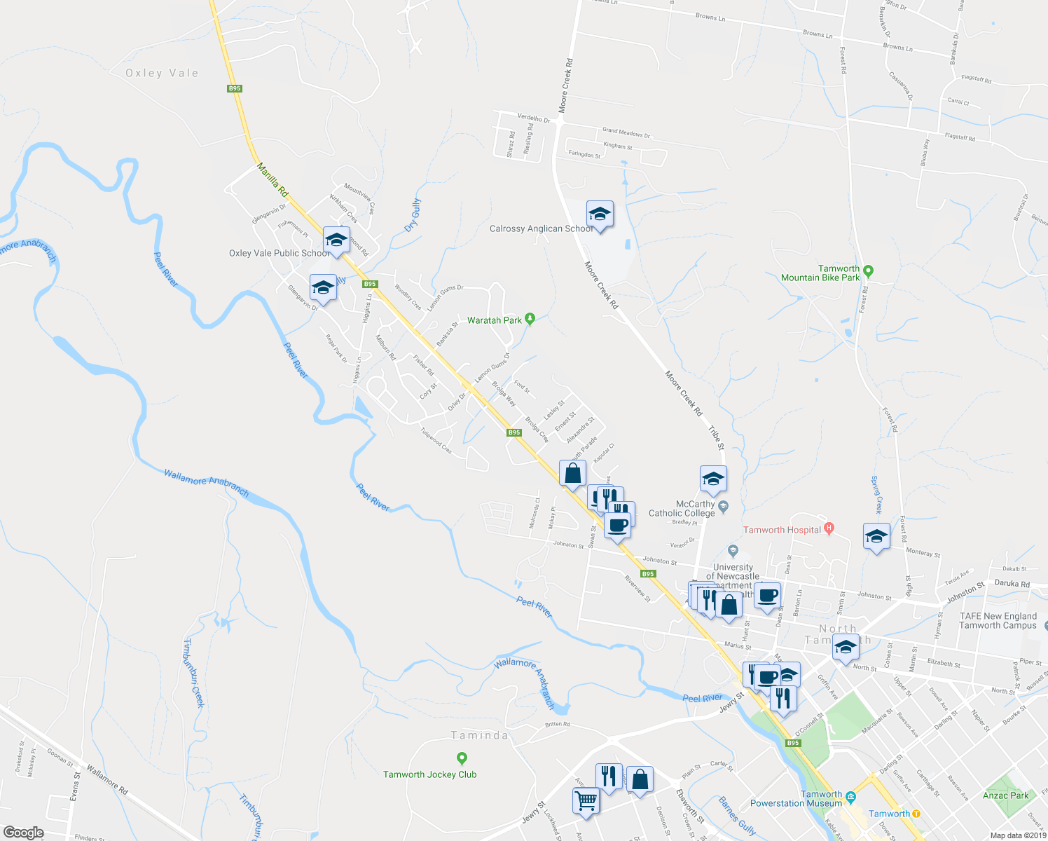 map of restaurants, bars, coffee shops, grocery stores, and more near 19A Brolga Crescent in Oxley Vale