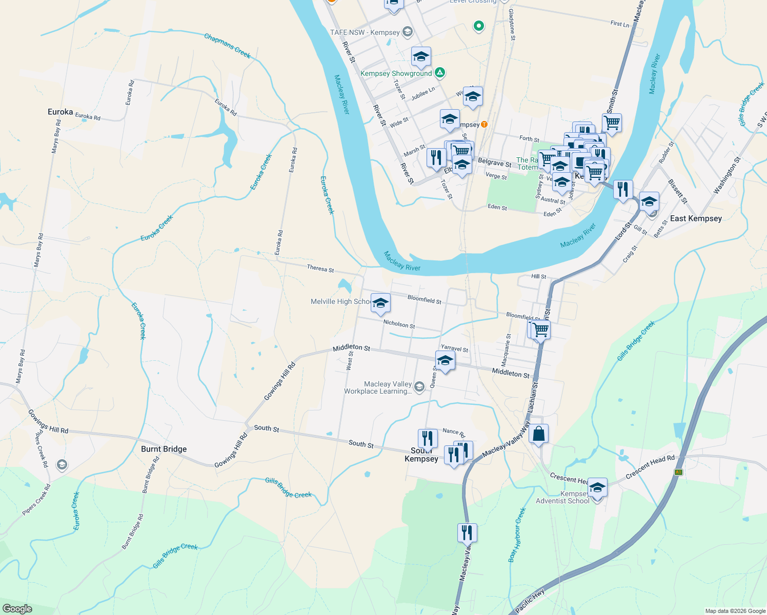 map of restaurants, bars, coffee shops, grocery stores, and more near 44-50 Nicholson Street in South Kempsey