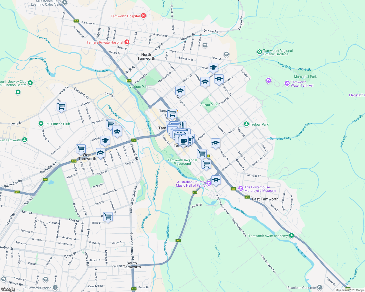 map of restaurants, bars, coffee shops, grocery stores, and more near in Tamworth Regional Council