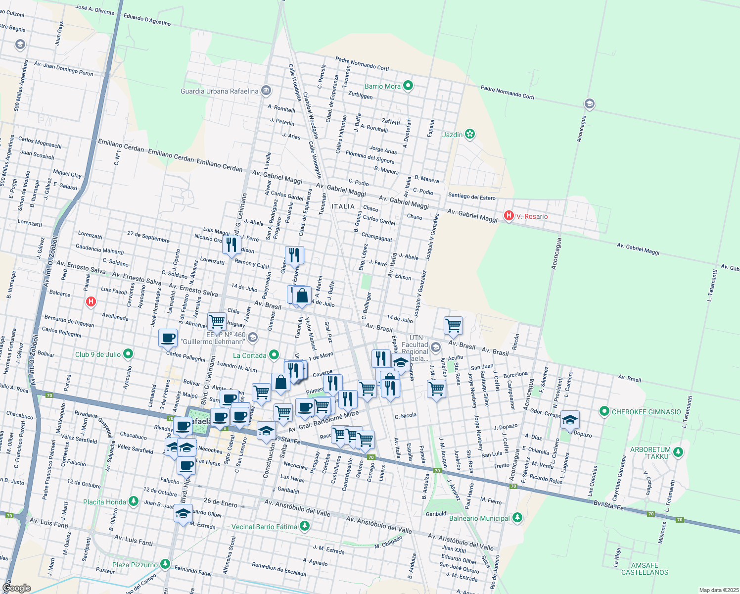 map of restaurants, bars, coffee shops, grocery stores, and more near 222 Calle Bollinger in Rafaela
