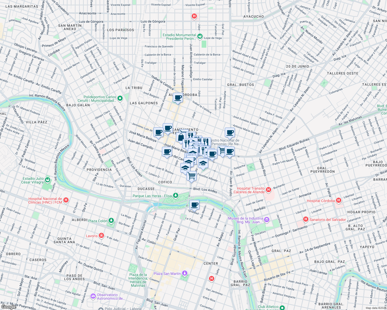 map of restaurants, bars, coffee shops, grocery stores, and more near 327 José María Bedoya in GUG