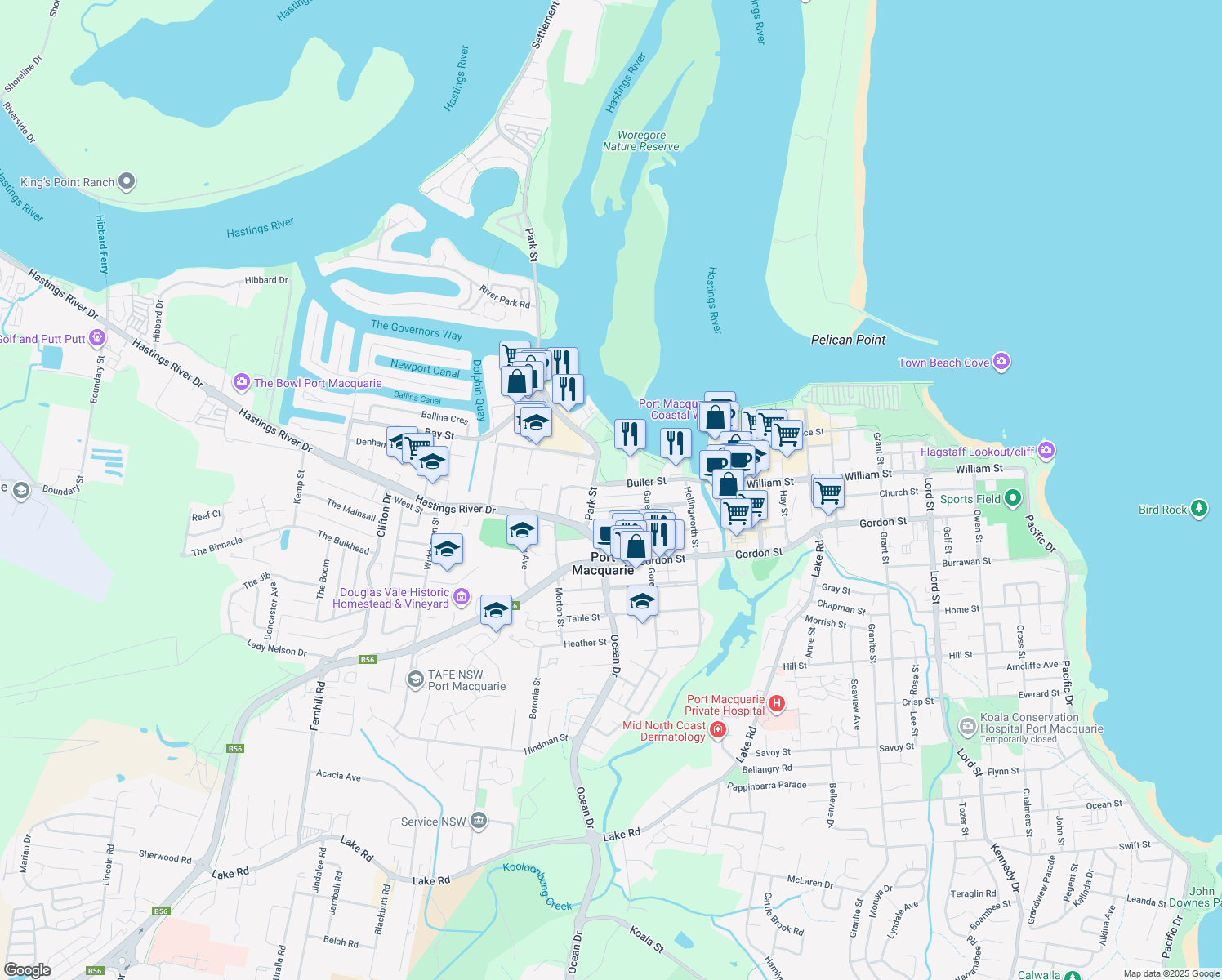 map of restaurants, bars, coffee shops, grocery stores, and more near 38 Buller Street in Port Macquarie