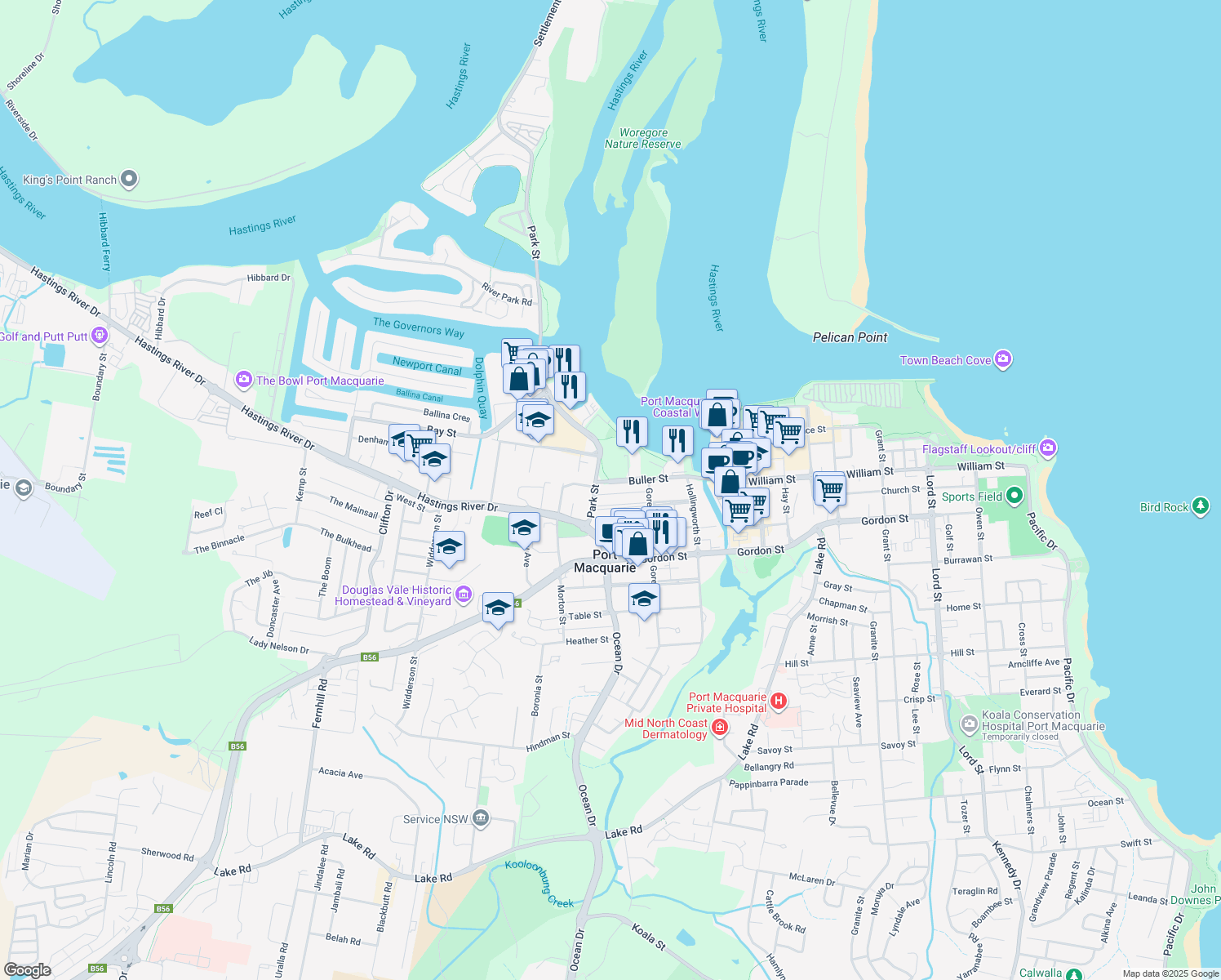 map of restaurants, bars, coffee shops, grocery stores, and more near 38 Buller Street in Port Macquarie