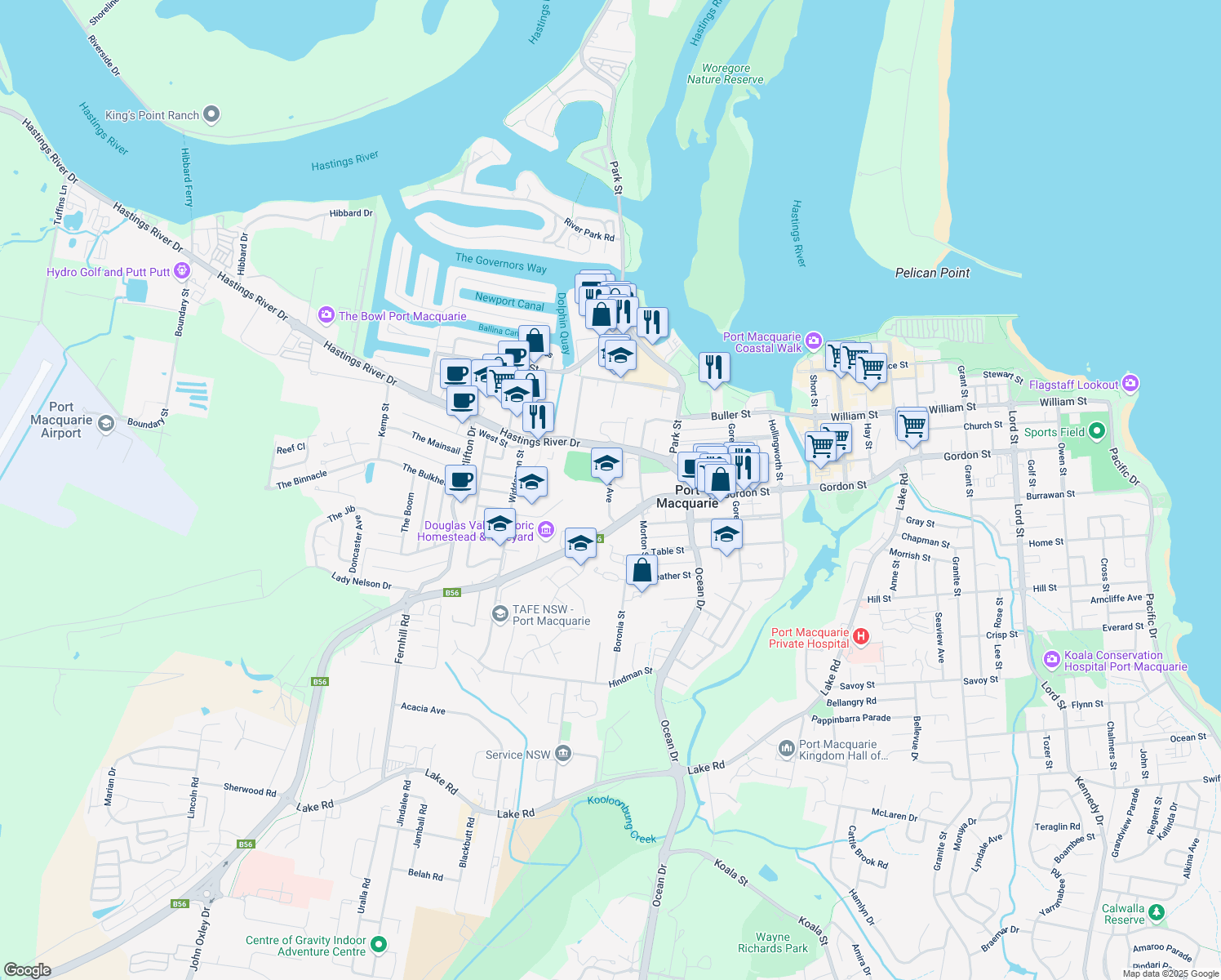 map of restaurants, bars, coffee shops, grocery stores, and more near Findlay Avenue in Port Macquarie