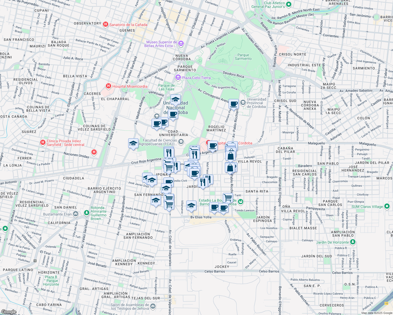 map of restaurants, bars, coffee shops, grocery stores, and more near 2709 Avenida Rogelio Nores Martínez in Córdoba