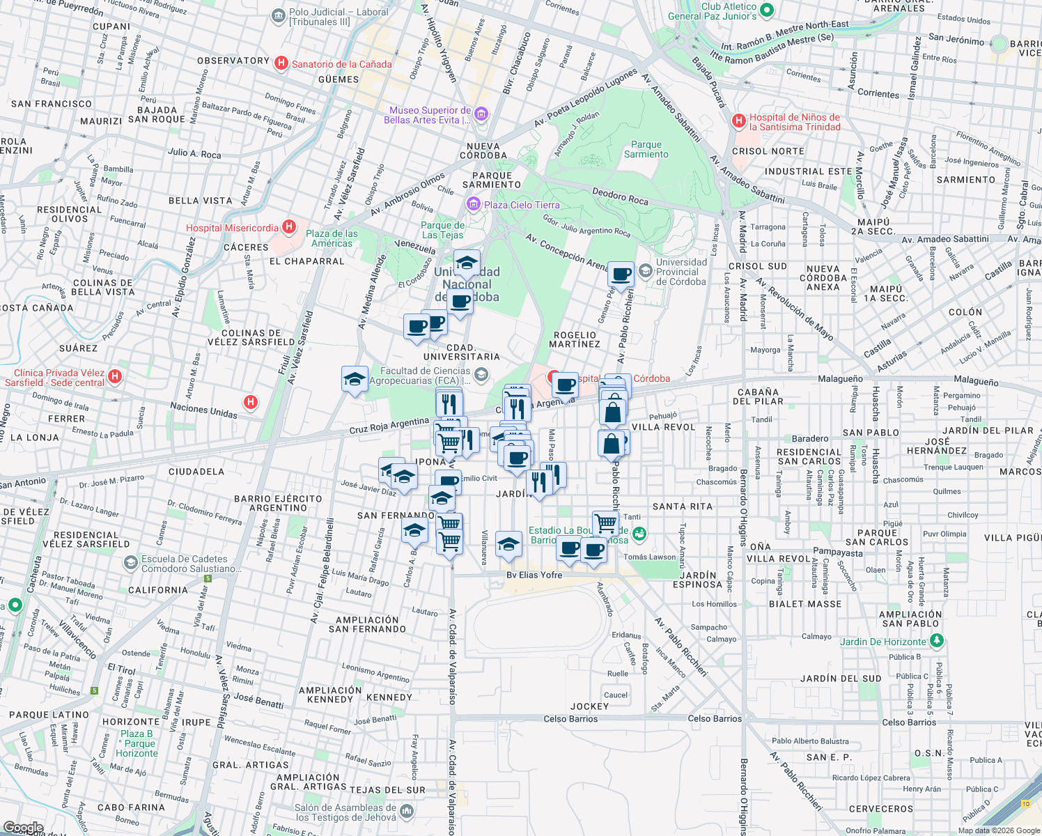 map of restaurants, bars, coffee shops, grocery stores, and more near 2709 Avenida Rogelio Nores Martínez in Córdoba