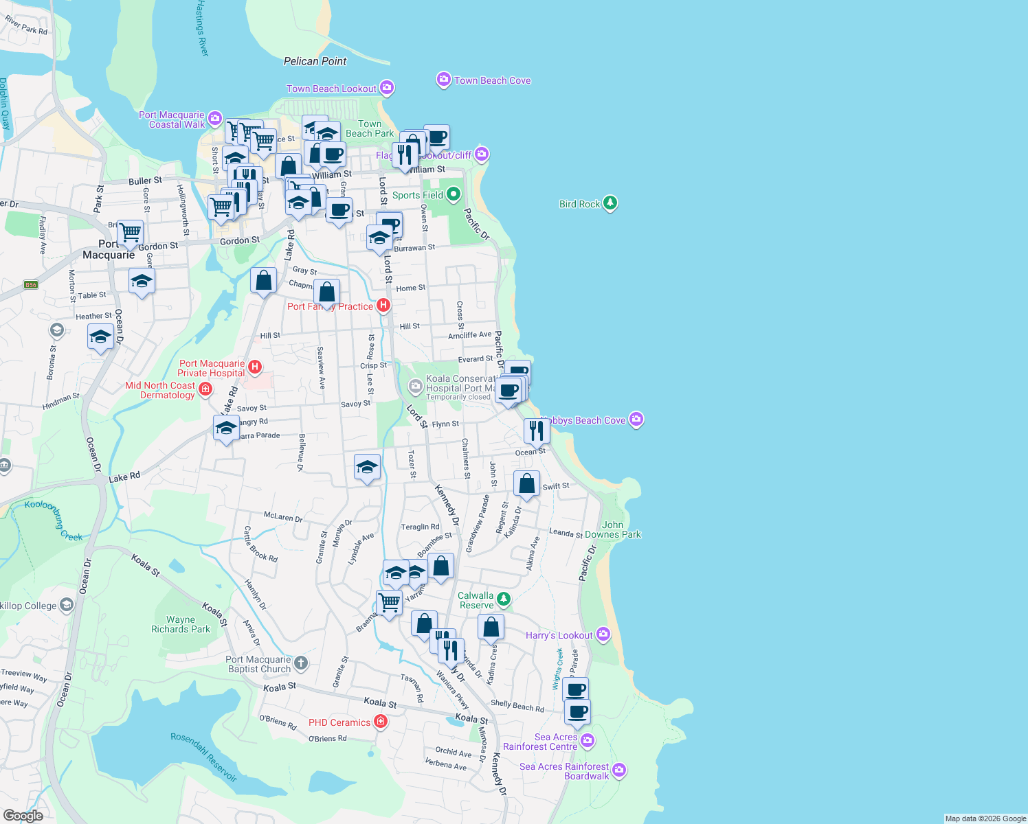 map of restaurants, bars, coffee shops, grocery stores, and more near 53 Pacific Drive in Port Macquarie