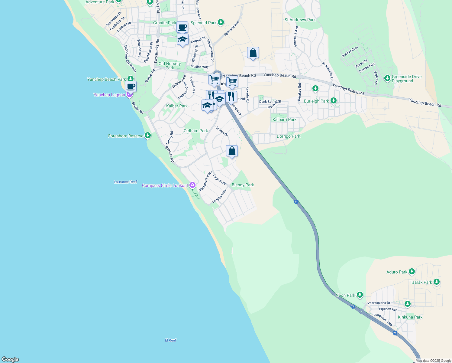 map of restaurants, bars, coffee shops, grocery stores, and more near 148 Lagoon Drive in Yanchep