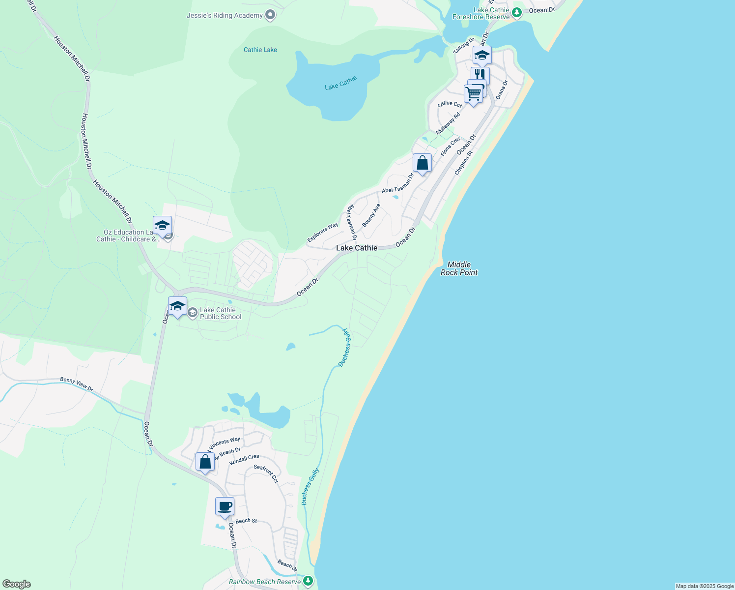 map of restaurants, bars, coffee shops, grocery stores, and more near Whitewater Terrace in Lake Cathie