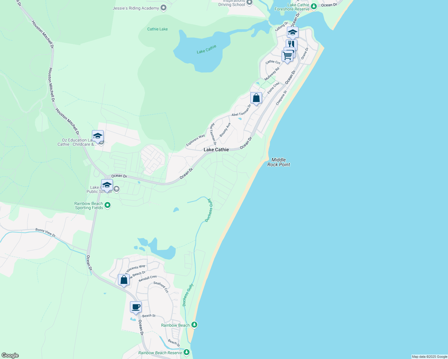 map of restaurants, bars, coffee shops, grocery stores, and more near Whitewater Terrace in Lake Cathie