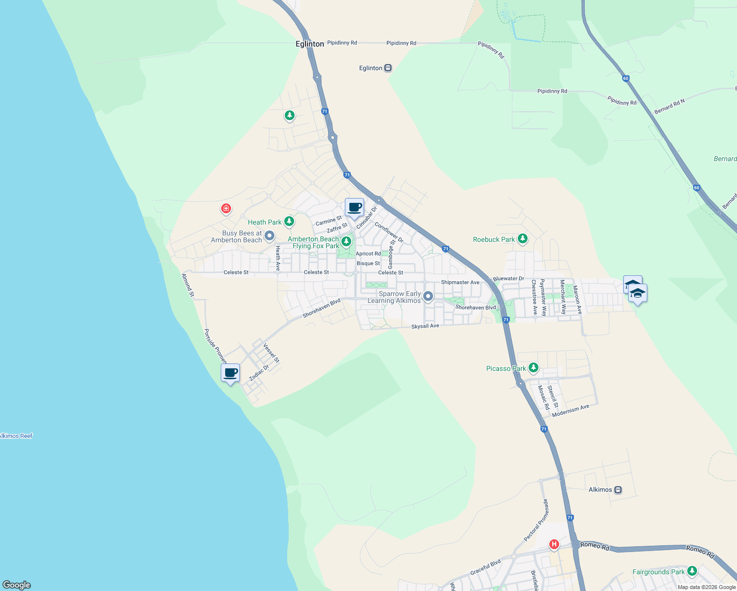 map of restaurants, bars, coffee shops, grocery stores, and more near 152 Shorehaven Boulevard in Alkimos