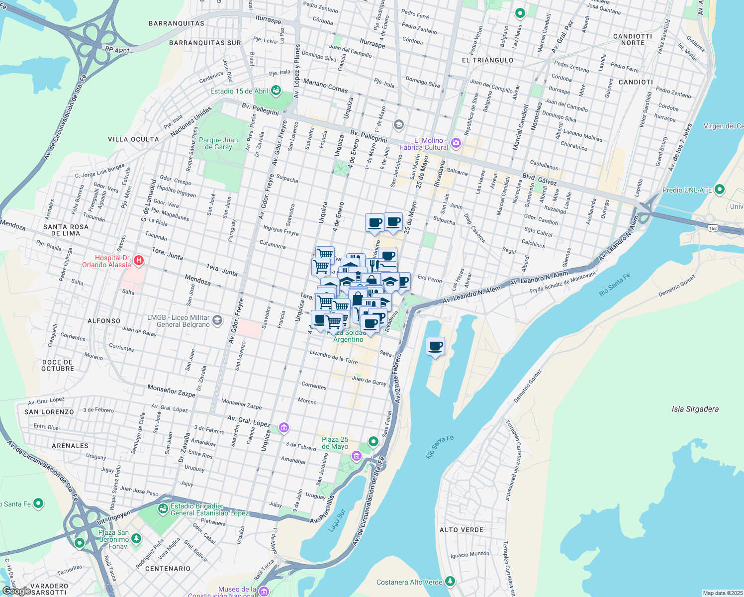 map of restaurants, bars, coffee shops, grocery stores, and more near 2644 Tucumán in Santa Fe
