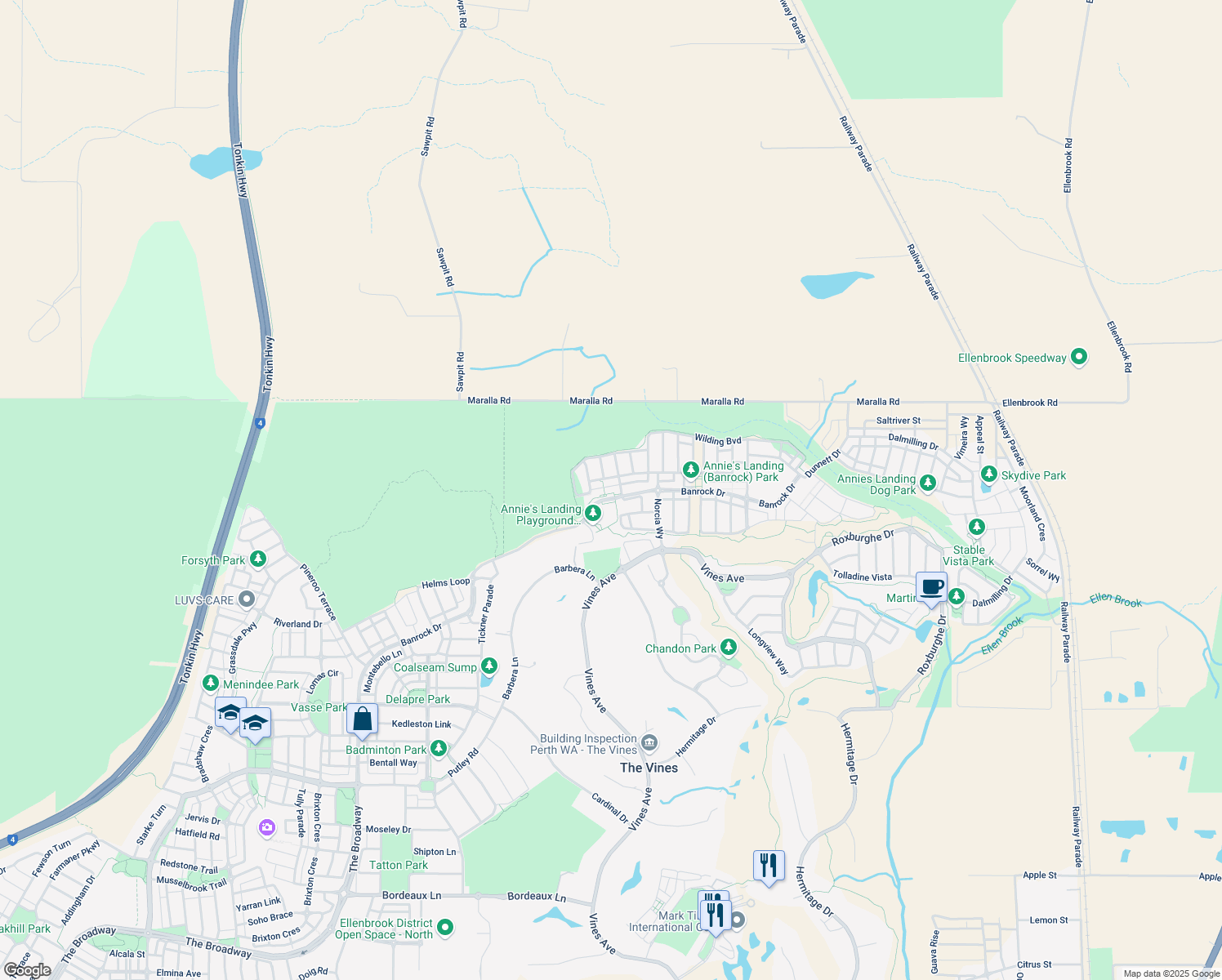 map of restaurants, bars, coffee shops, grocery stores, and more near 275 Banrock Drive in Ellenbrook