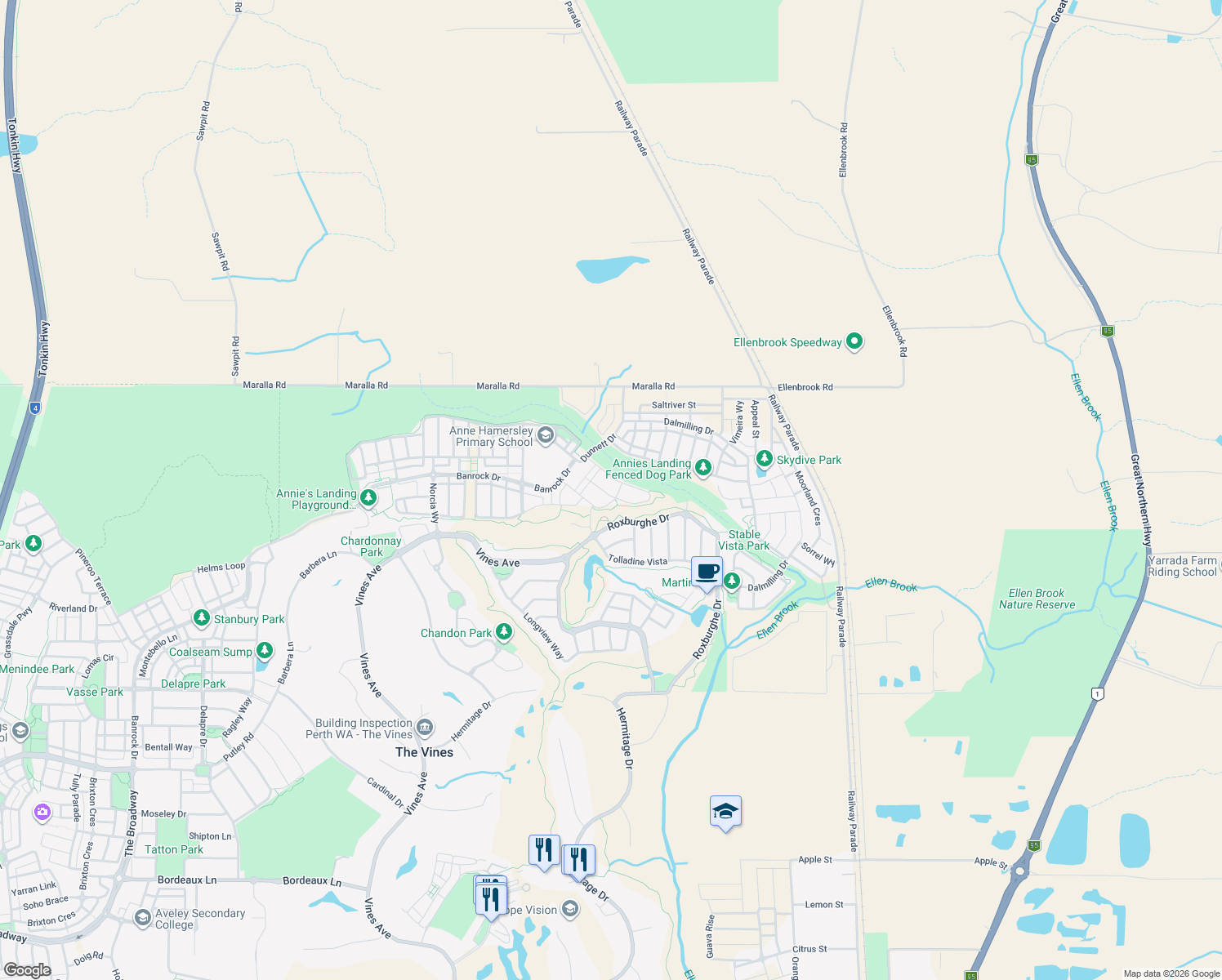 map of restaurants, bars, coffee shops, grocery stores, and more near 48 Janselling Avenue in Ellenbrook