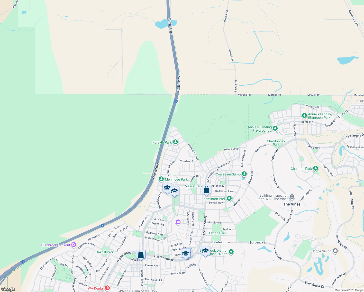map of restaurants, bars, coffee shops, grocery stores, and more near 137 Grassdale Parkway in Ellenbrook
