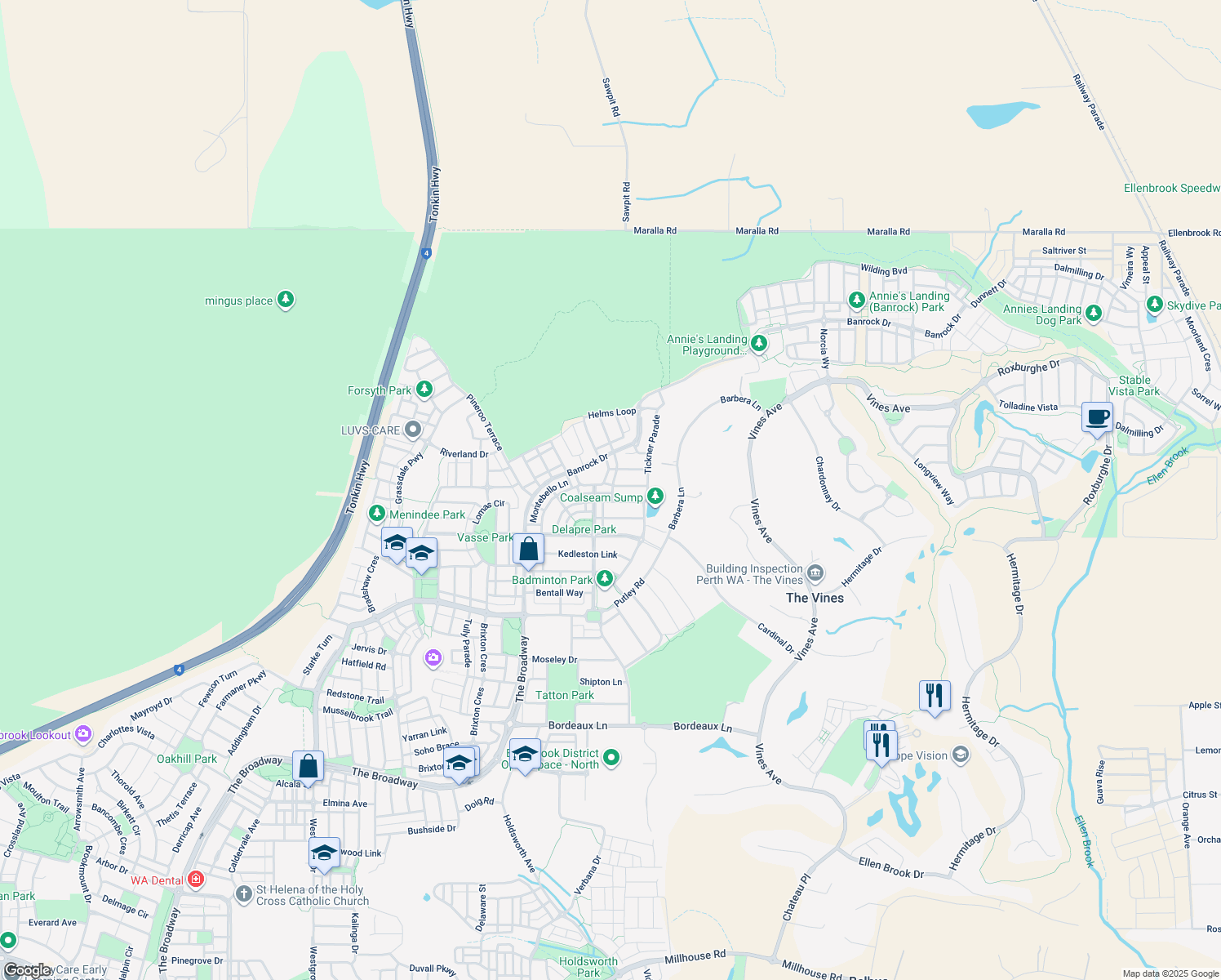 map of restaurants, bars, coffee shops, grocery stores, and more near 8 Midgegooroo Street in Ellenbrook