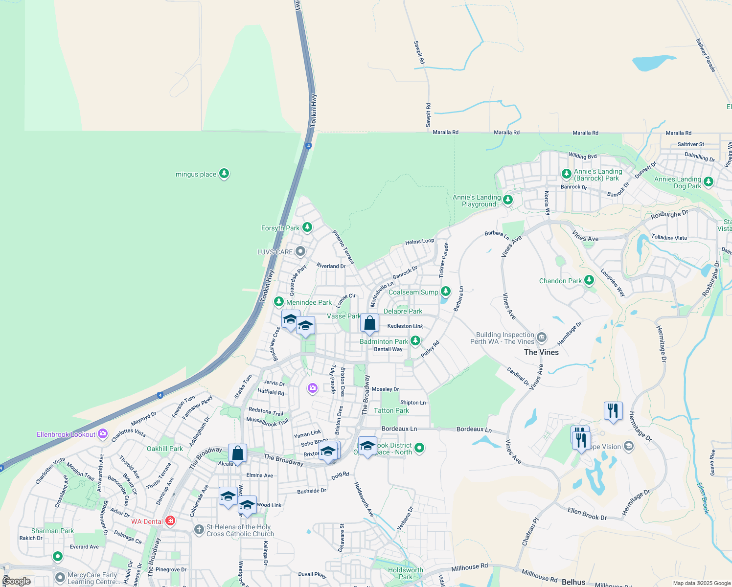map of restaurants, bars, coffee shops, grocery stores, and more near 67 Banrock Drive in Ellenbrook