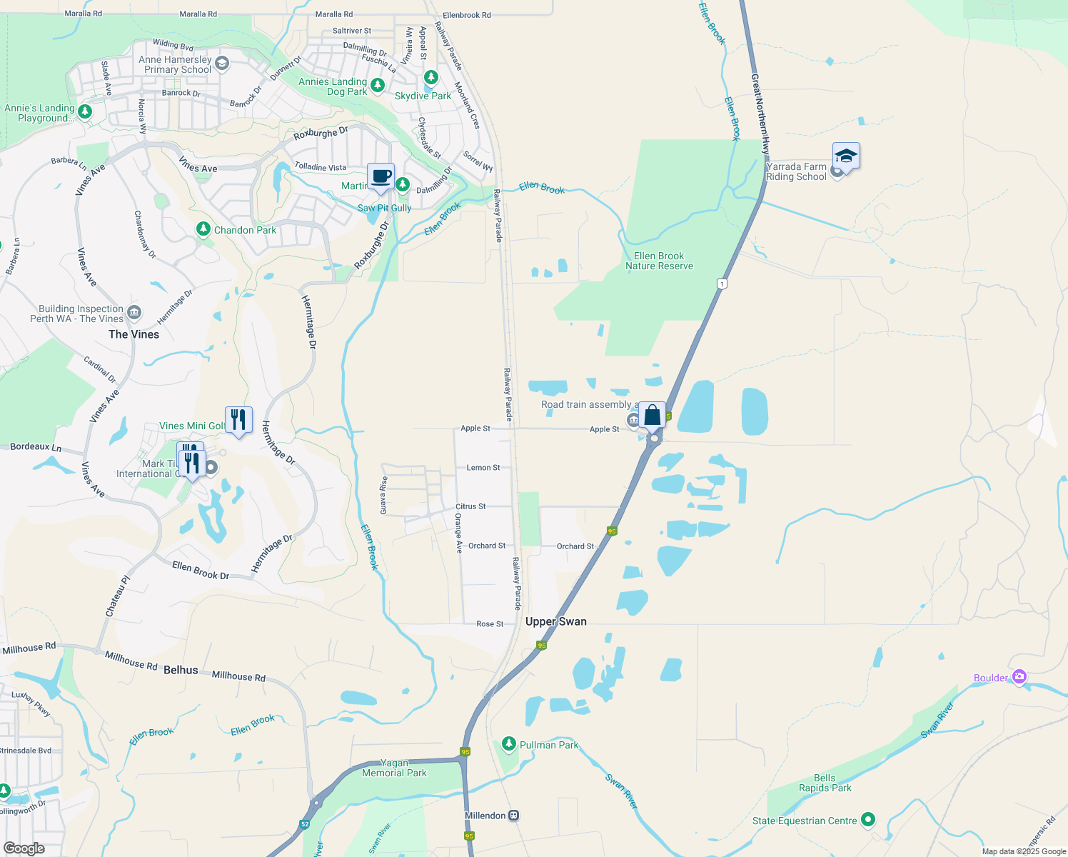 map of restaurants, bars, coffee shops, grocery stores, and more near Apple Street in Upper Swan