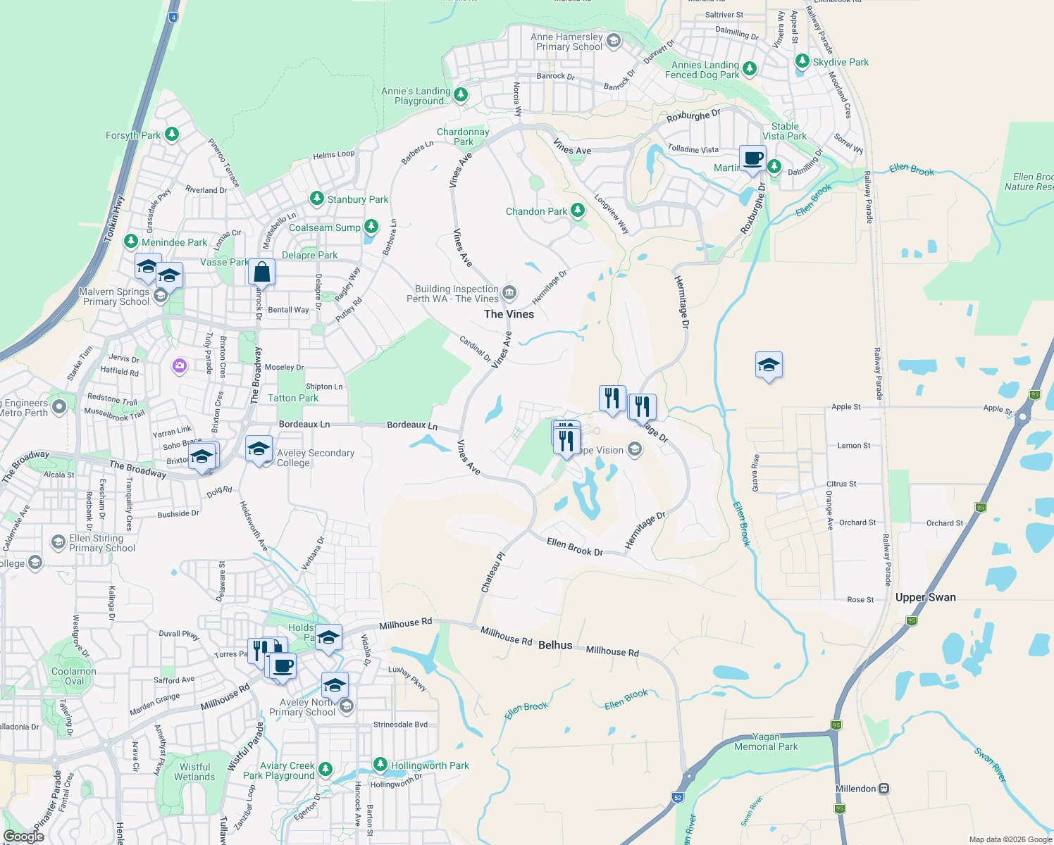 map of restaurants, bars, coffee shops, grocery stores, and more near 76 Pavilion Circle in The Vines